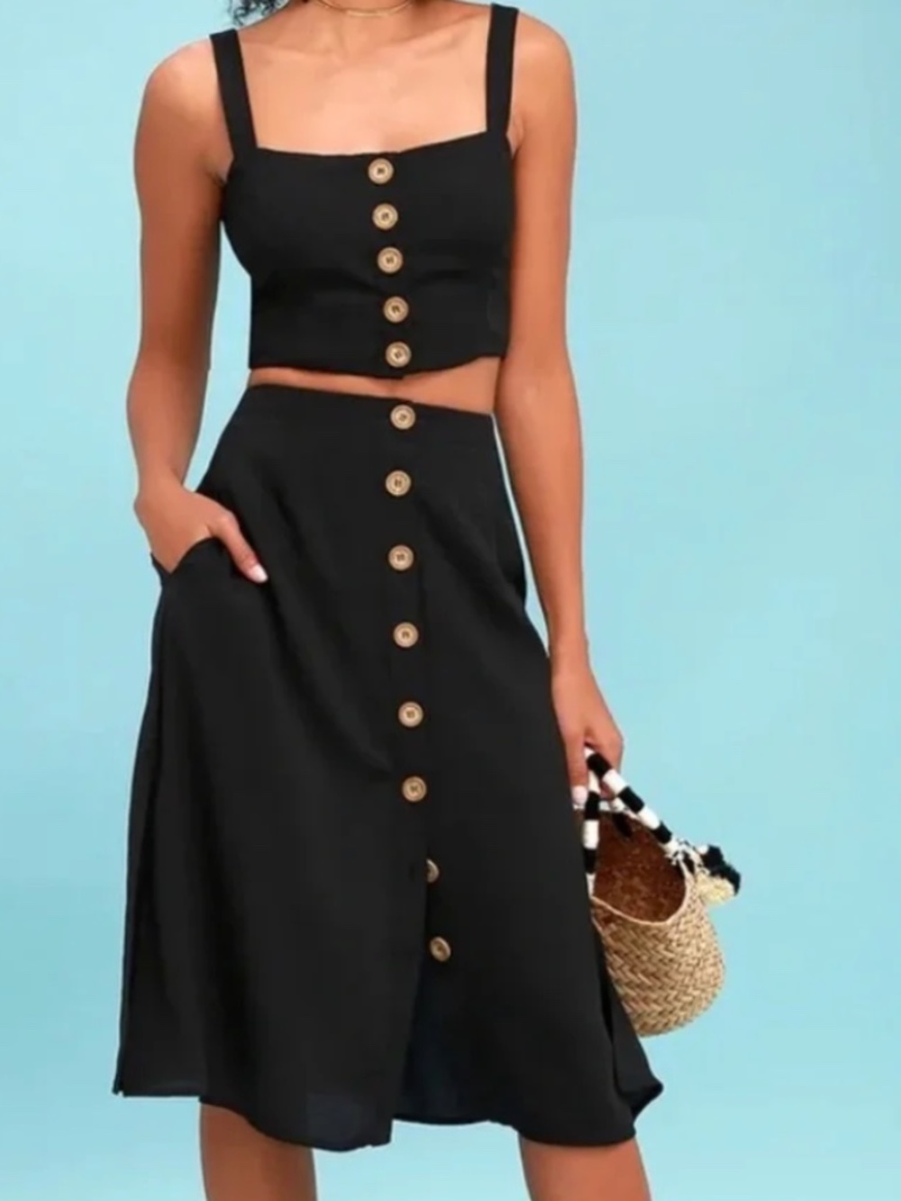 Lulu's Black Two-Piece Button-Front Crop Top & A-Line Skirt Set